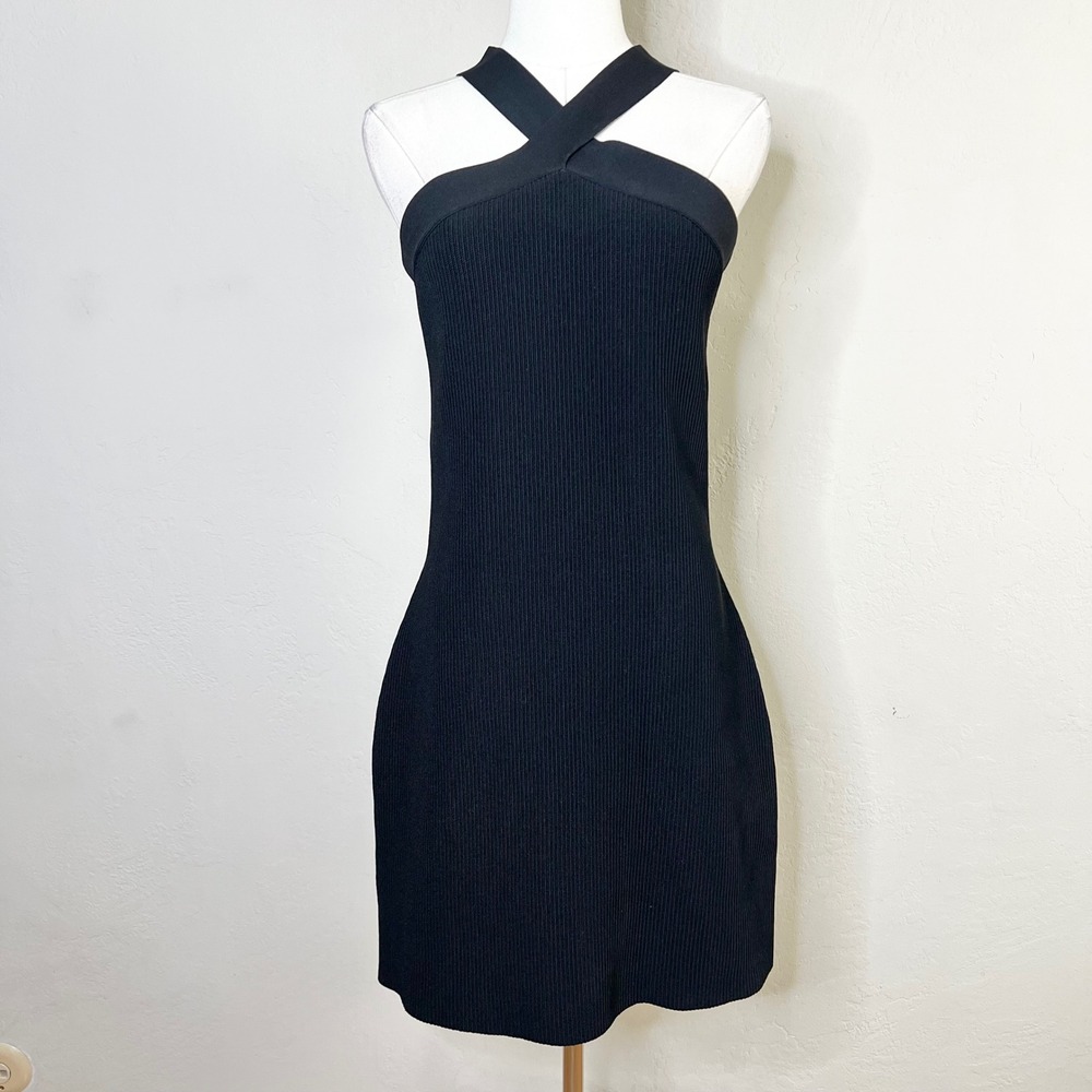 Aritzia Babaton‎ Dress Sculpt Knit Criss Cross Mini XL Black Ribbed Sleeveless